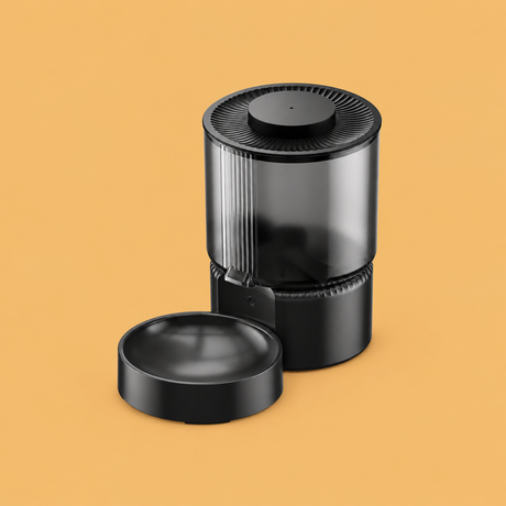 Black Smart Pet Feeder 3L with matching bowl, centered with generous margins for circular display on a beige-gold background | David's Pet Boutique