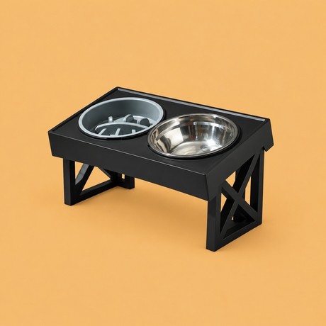 Elevated Slow-Feed Dog Bowl with black stand, gray slow-feed insert and stainless steel bowl, centered on a beige-gold background | David's Pet Boutique