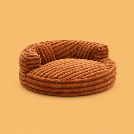 Brown Plush Donut Pet Bed, centered with space for circular display on a warm beige-gold background | David's Pet Boutique