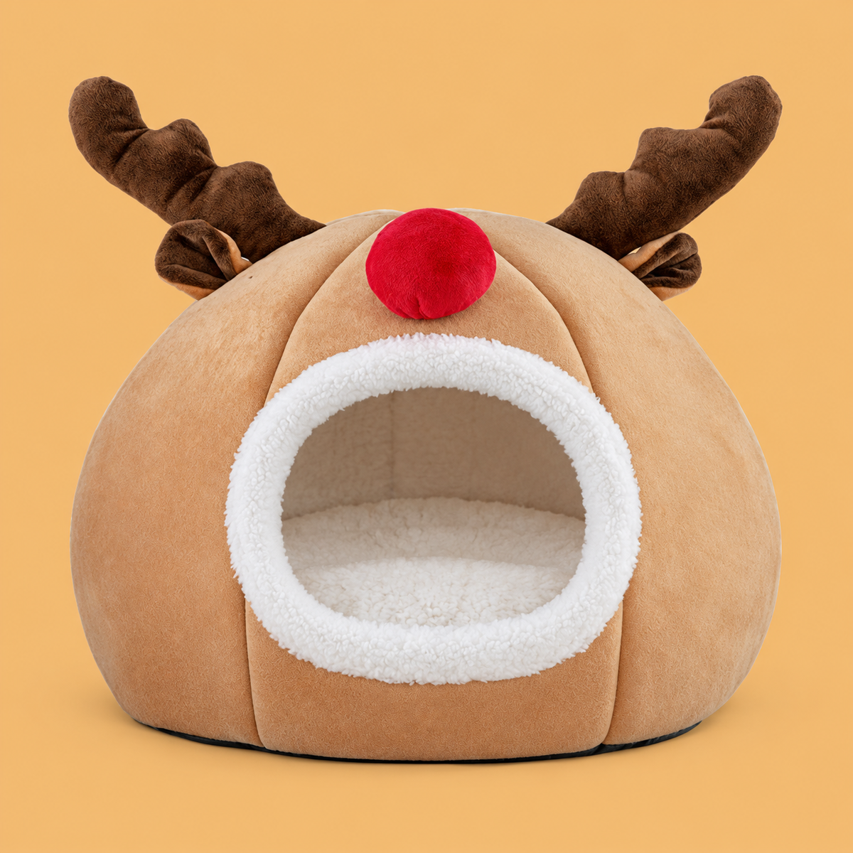 Christmas Reindeer Plush Pet Tent Bed — isolated product on a warm peach background
