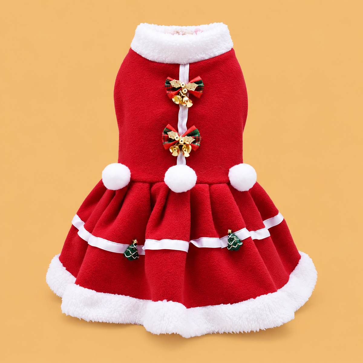 Christmas Red Fleece Dog Dress — isolated product on a warm peach background