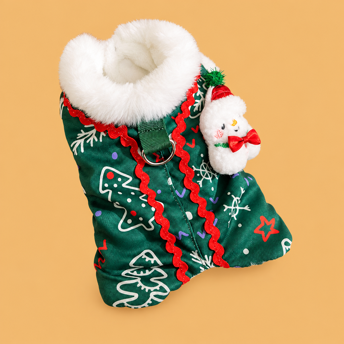 Christmas Snowman Fleece Dog Shirt with D-Ring — isolated product on a warm peach background
