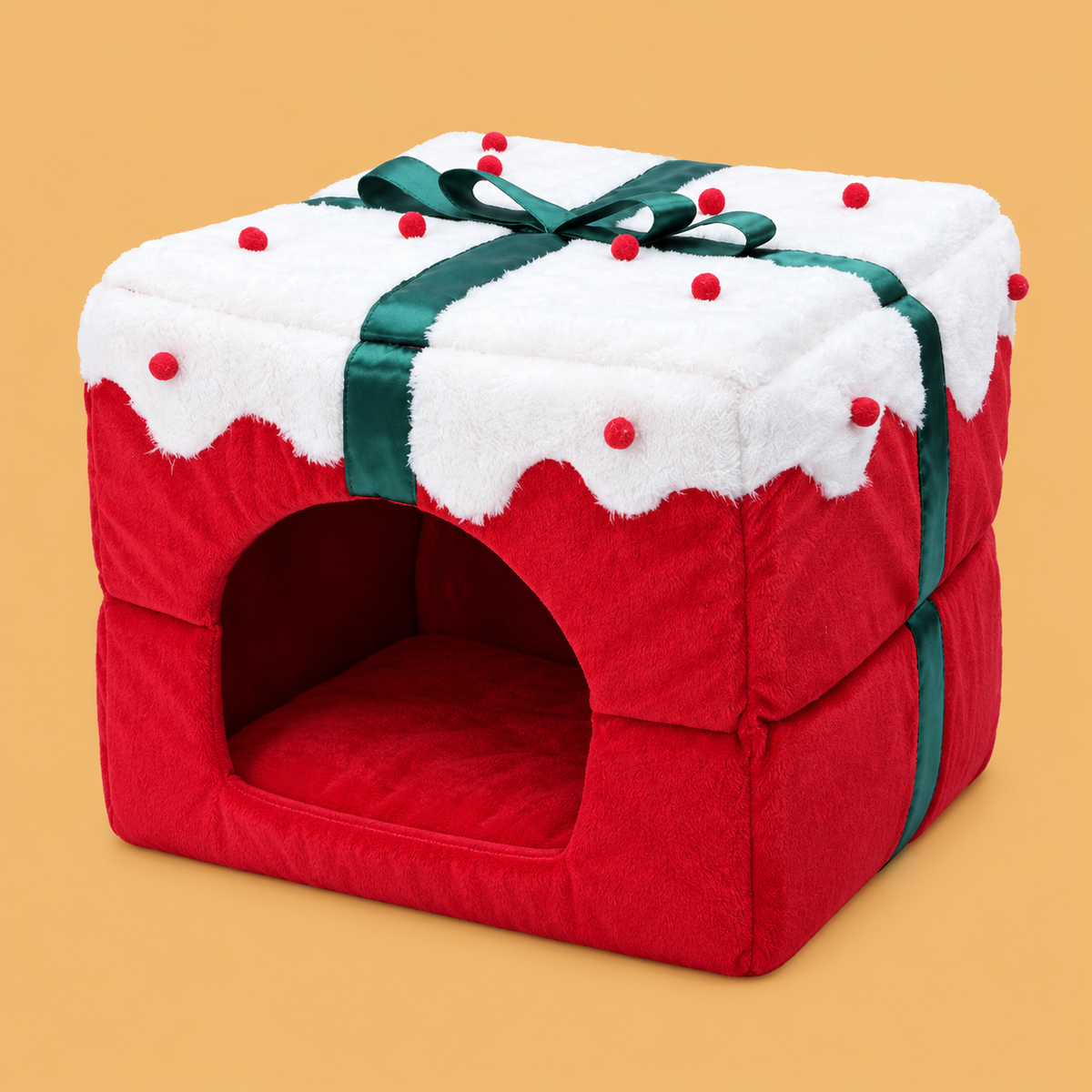 Christmas Plush Cat Cave Bed – Gift Box & Bell — isolated product on a warm peach background