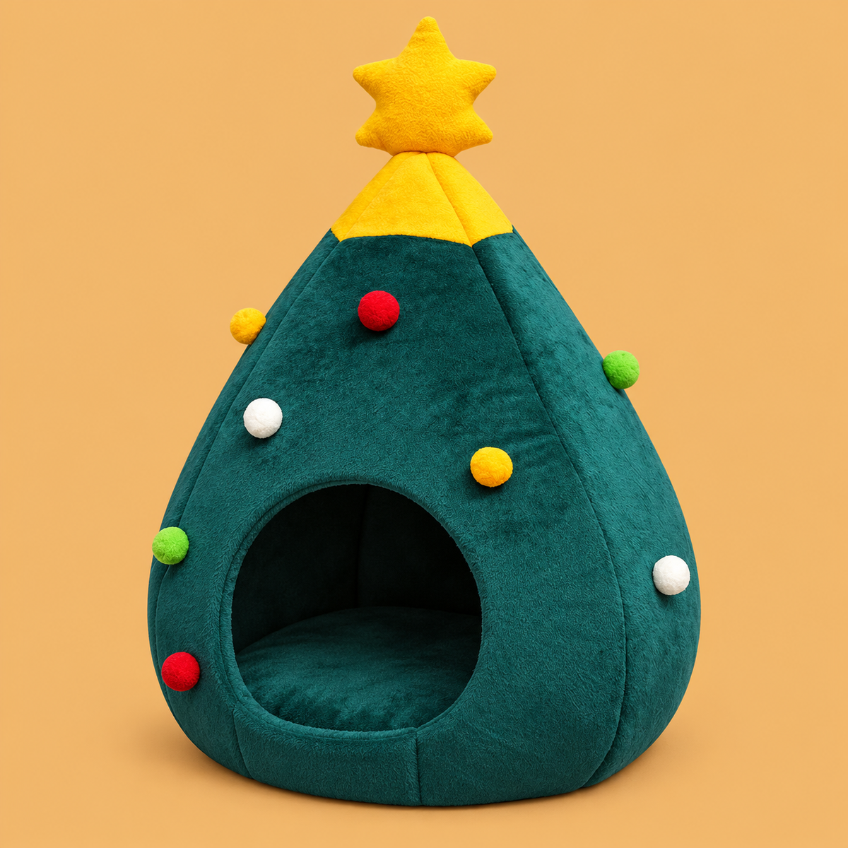 Christmas Tree Felt Cat Hideaway Bed — isolated product on a warm peach background