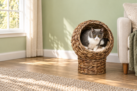 Gray and white cat resting in a woven egg chair bed beside an ivory armchair in a quiet sage green room.