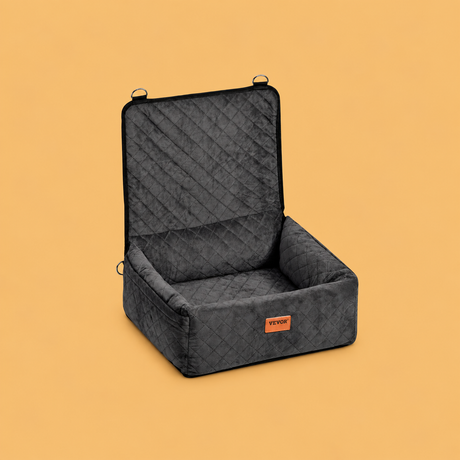 Black Sofa-Style Dog Booster Seat, centered with space for circular display on a warm beige-gold background | David's Pet Boutique