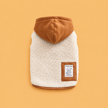 Beige Cosy Hooded Dog Vest with brown hood and trim, centered on a warm beige-gold background | David's Pet Boutique