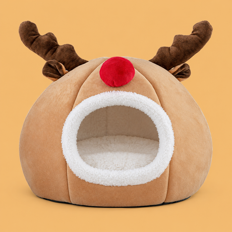 Christmas Reindeer Plush Pet Tent Bed — isolated product on a warm peach background