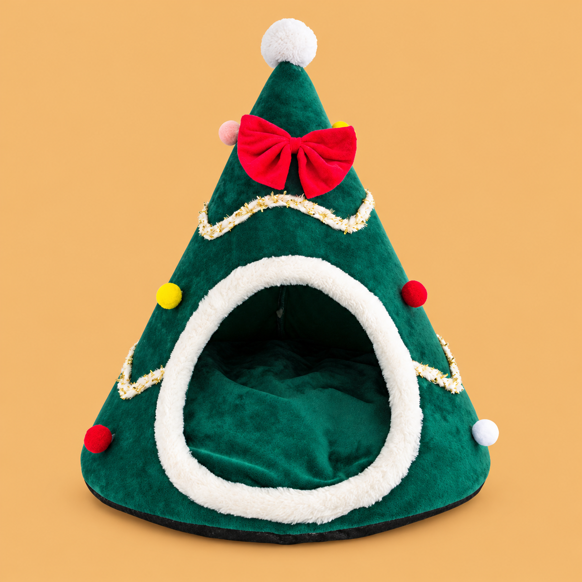 Christmas Santa Hat Pet Cave Bed — isolated product on a warm peach background