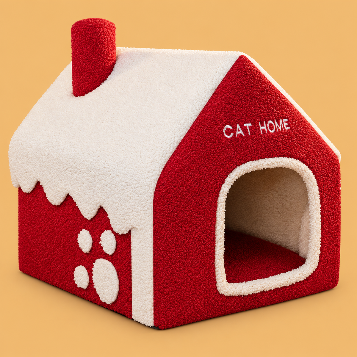 Christmas Snow Cottage Enclosed Cat Bed — isolated product on a warm peach background