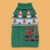 Christmas Snowman Knitted Pet Sweater — isolated product on a warm peach background