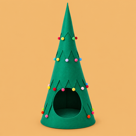 Christmas Tree Foldable Cat Tent — isolated product on a warm peach background