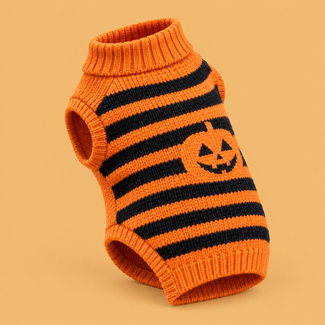 Halloween Orange Dog Sweater — product on peach background