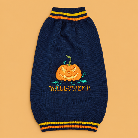 Blue Pumpkin Dog Sweater — product on peach background
