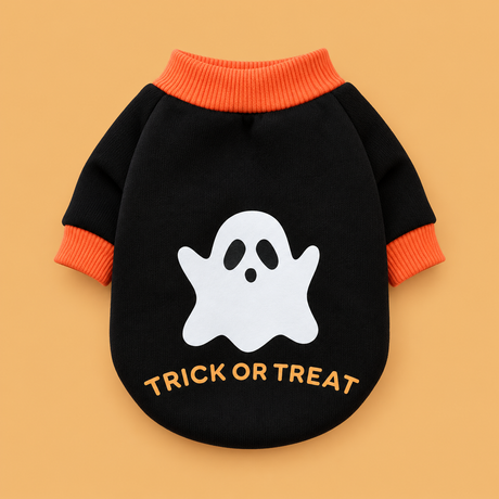 Pumpkin & Skull Dog Sweater — product on peach background