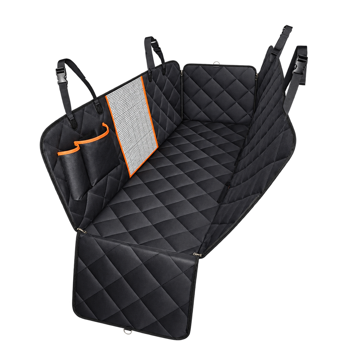 Orange-Trim Dog Car Mat — isolated product on a transparent background