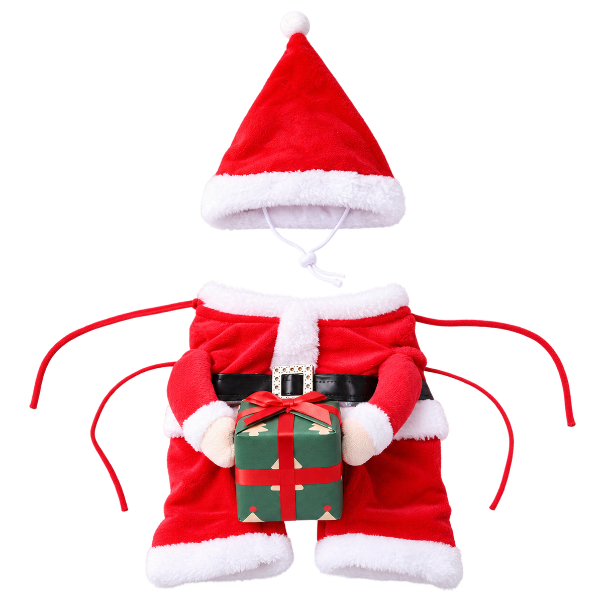 Santa Cat Costume with Gift Box – Christmas Pet Outfit — isolated product on a transparent background